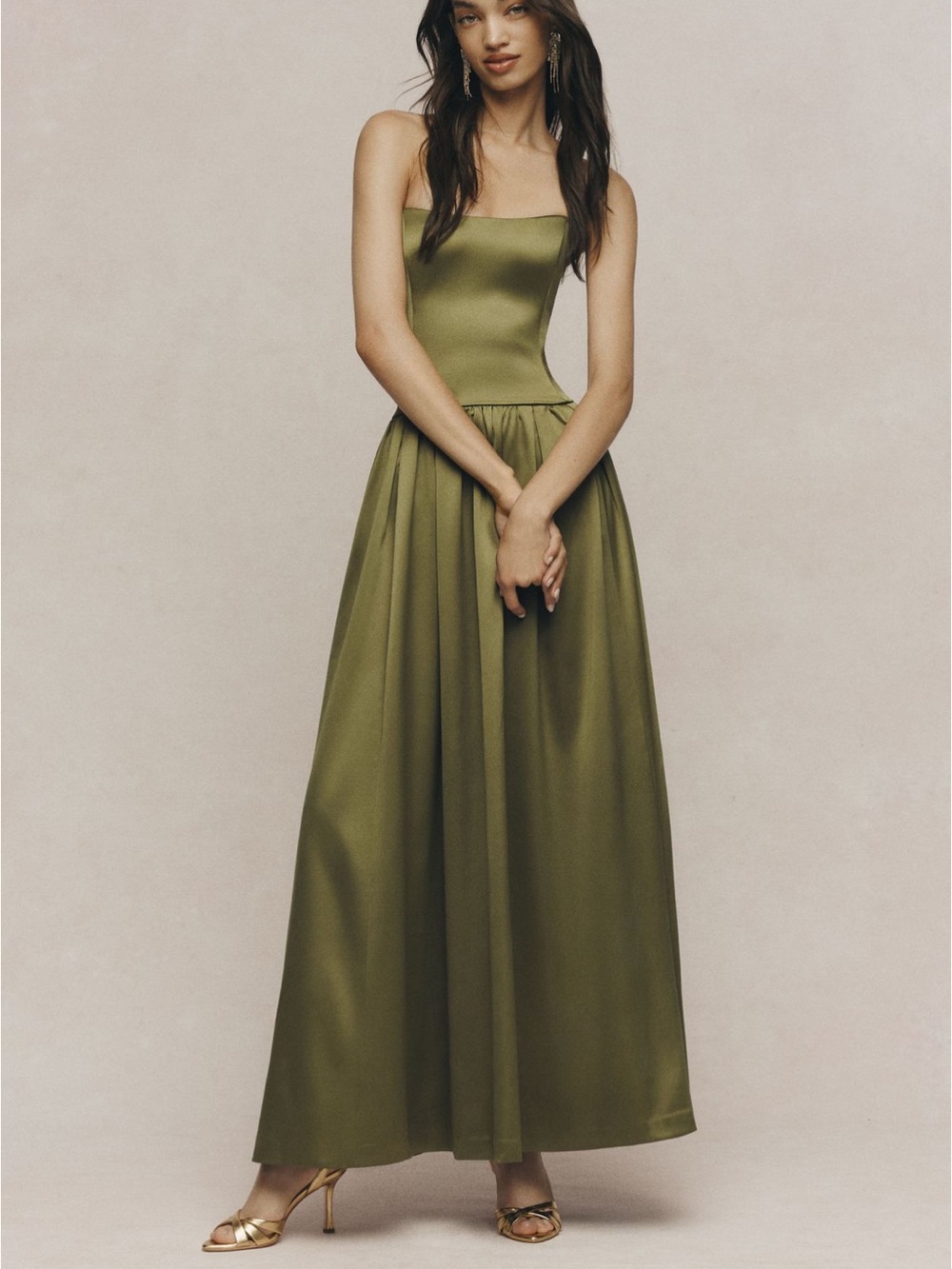 Anthropologie Olive Green Satin Maxi Dress